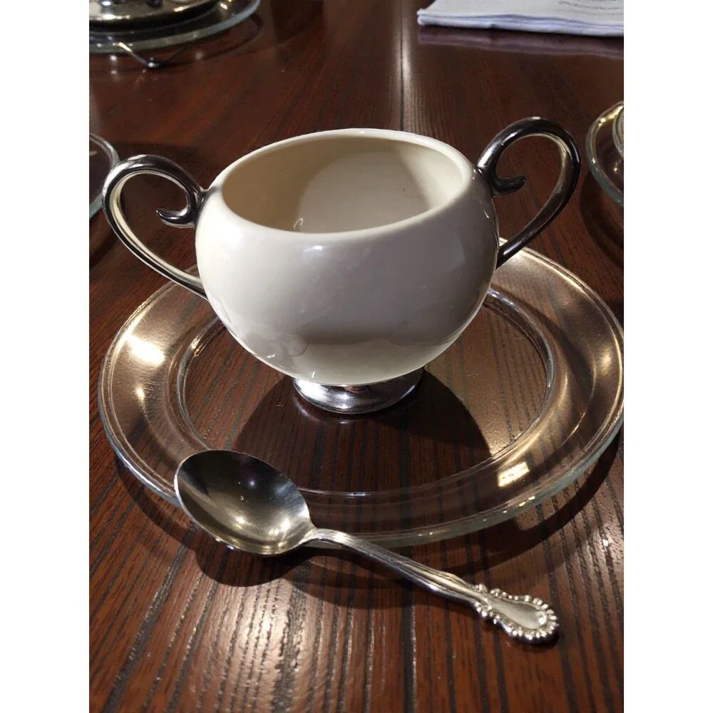 Vintage Flintridge China Open Sugar Bowl Platinum Trim Cream California MCM Dip